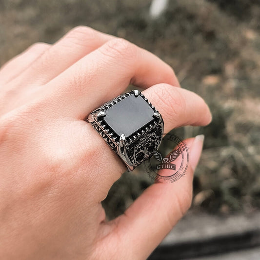 Tree Of Life Onyx Stainless Steel Viking Ring