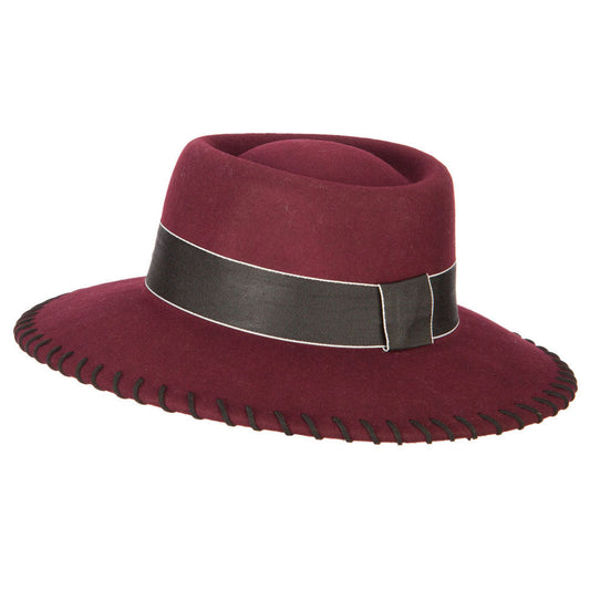 Women's Wool Felt Wide Ribbon Band and Stitching Detailed Brim Gambler Hat