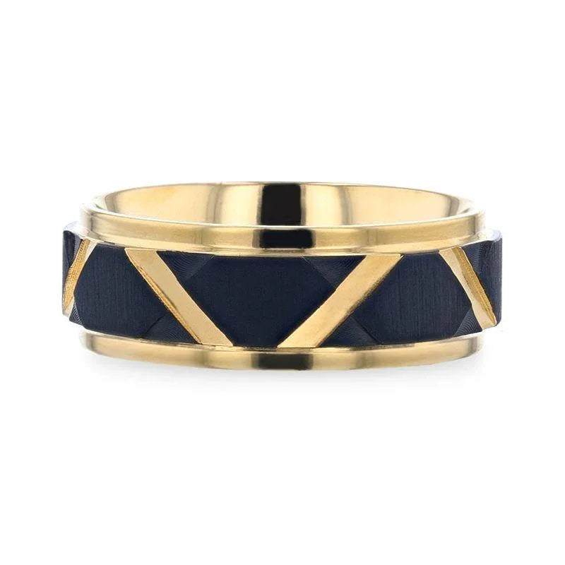 FLEMING Yellow Gold Polished Step Edged Titanium Men's Wedding Band With Matte Black Raised Horizontal Etches and Diagonal-Shape Cut Inlay - 8mm