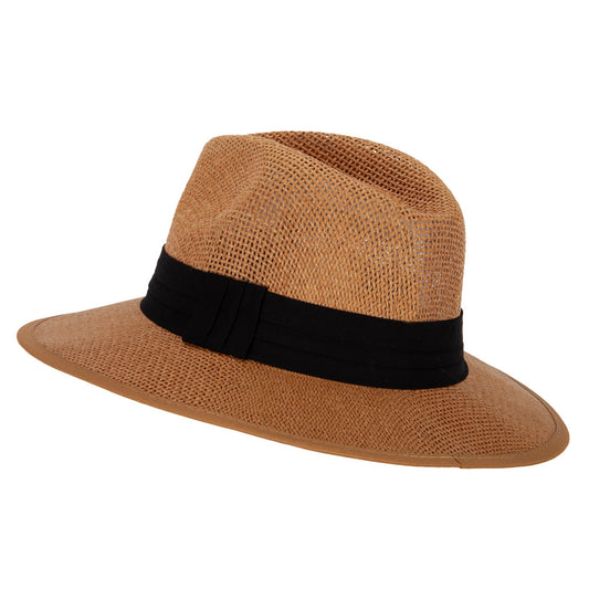 Unisex Paper Braid Open Weave Ribbon Accented Large Brim Fedora Hat