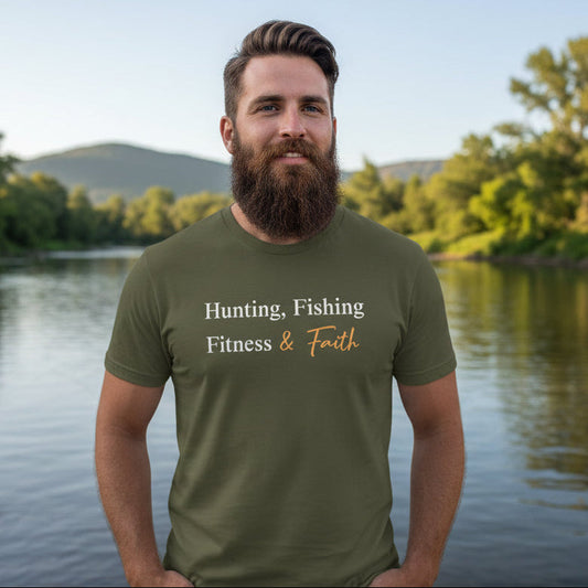 Hunting, Fishing, Fitness & Faith, Men's T, Olive or Brown