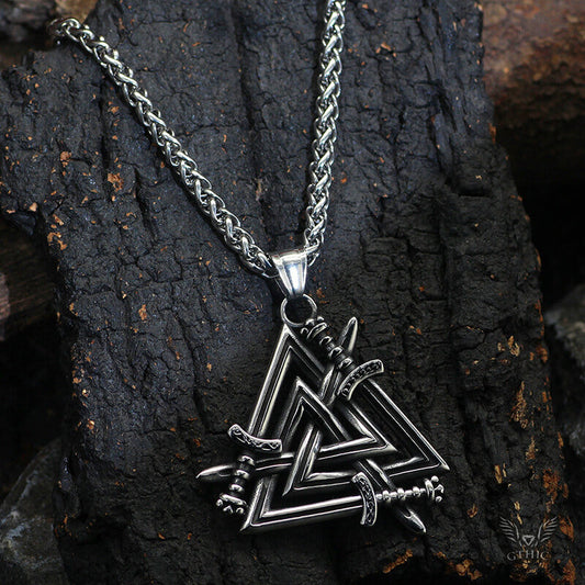 Valknut Curved Sword Stainless Steel Viking Pendant