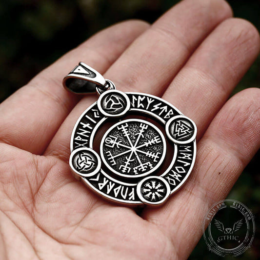 Viking Symbols Runes Vegvisir Stainless Steel Rotatable Pendant