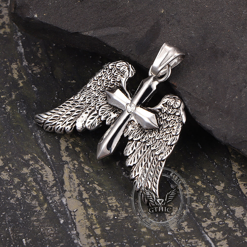 Vintage Cross Angel Wings Stainless Steel Pendant