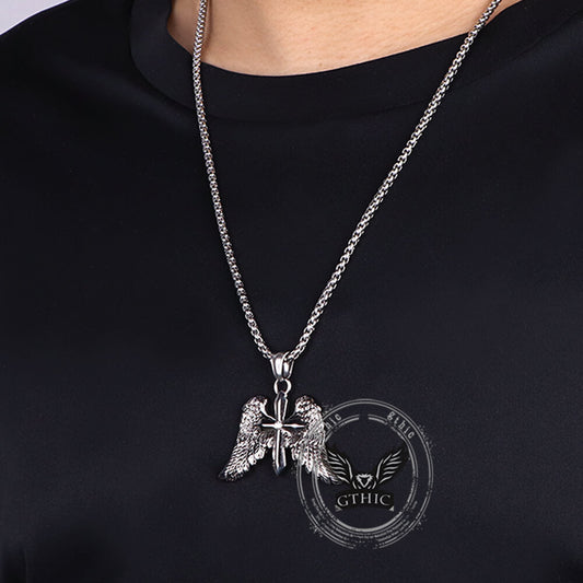 Vintage Cross Angel Wings Stainless Steel Pendant