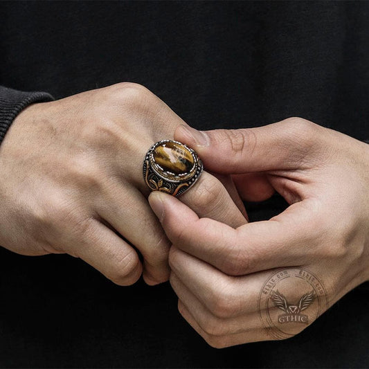 Vintage Pattern Turquoise Tiger-Eye Stainless Steel Ring