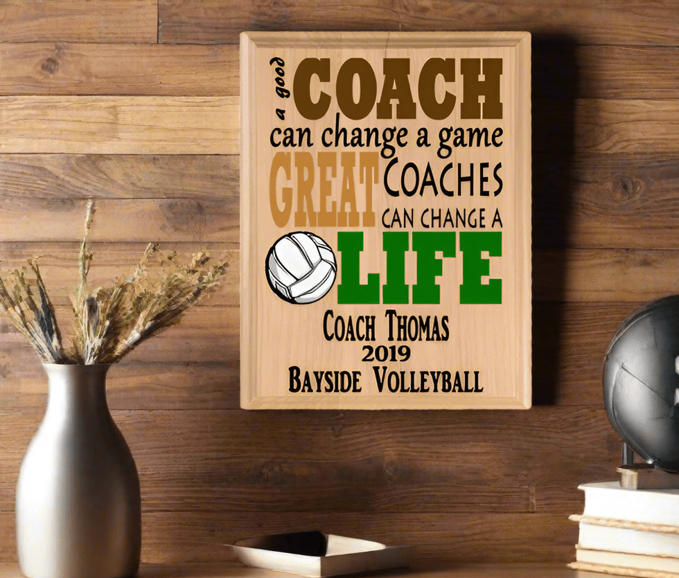 Custom Volleyball Coach Gift – Personalized Wood Plaque with Name & Year – “Great Coaches Change Lives” – Solid Wood – Made in USA – 11x8.5