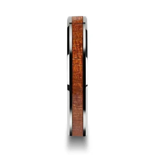 KHAYA Tungsten Band with Polished Bevels and Real Hardwood Mahogany Inlay - 4mm