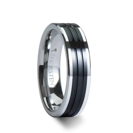 EDINBURGH Tungsten Ring with Flat Grooved Black Ceramic Inlay - 6mm - 10mm