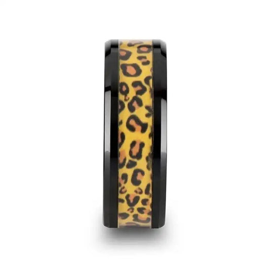 NAMIBIA Black Ceramic Wedding Band with Cheetah Print Animal Design Inlay - 6mm & 8mm