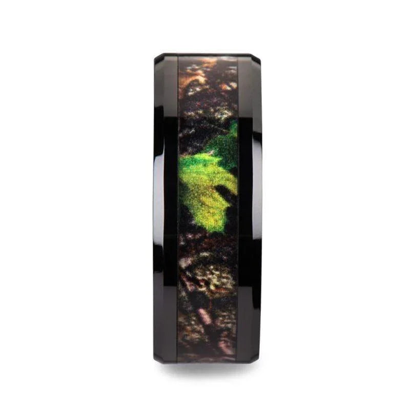 NIGHTFALL Realistic Tree Camo Black Ceramic Wedding Band with Green Leaves - 8mm