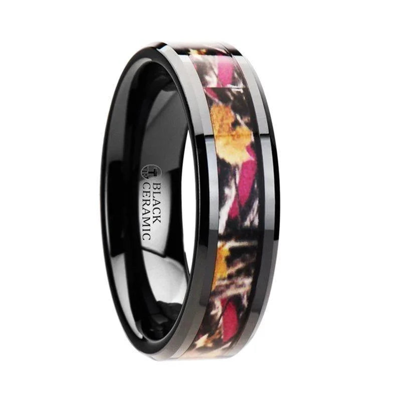LAUREL Realistic Tree Camo Black Ceramic Wedding Band with Real Pink Oak Leaves - 6mm - 8mm