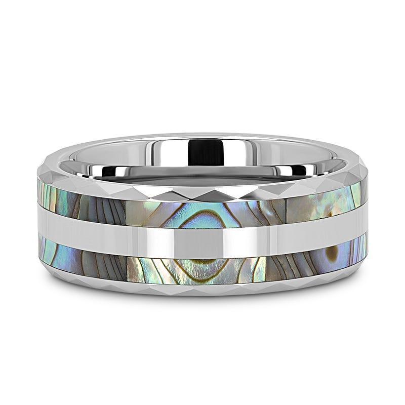 PAUA Double Mother of Pearl Shell Inlay Faceted Tungsten Ring With Beveled Polished Edges - 8mm
