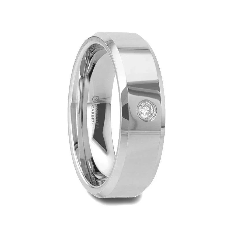 WATERFORD Beveled Diamond Tungsten Wedding Band with Bezel-Set Diamond – 6mm & 8mm