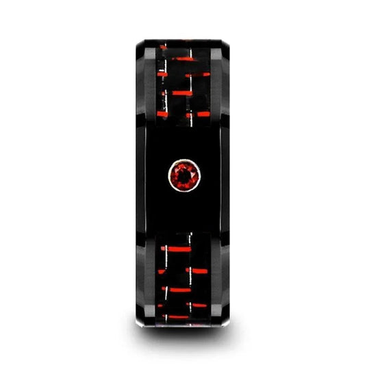 SORRELL Black Ceramic Ring with Black and Red Carbon Fiber and Red Ruby Setting - 8mm