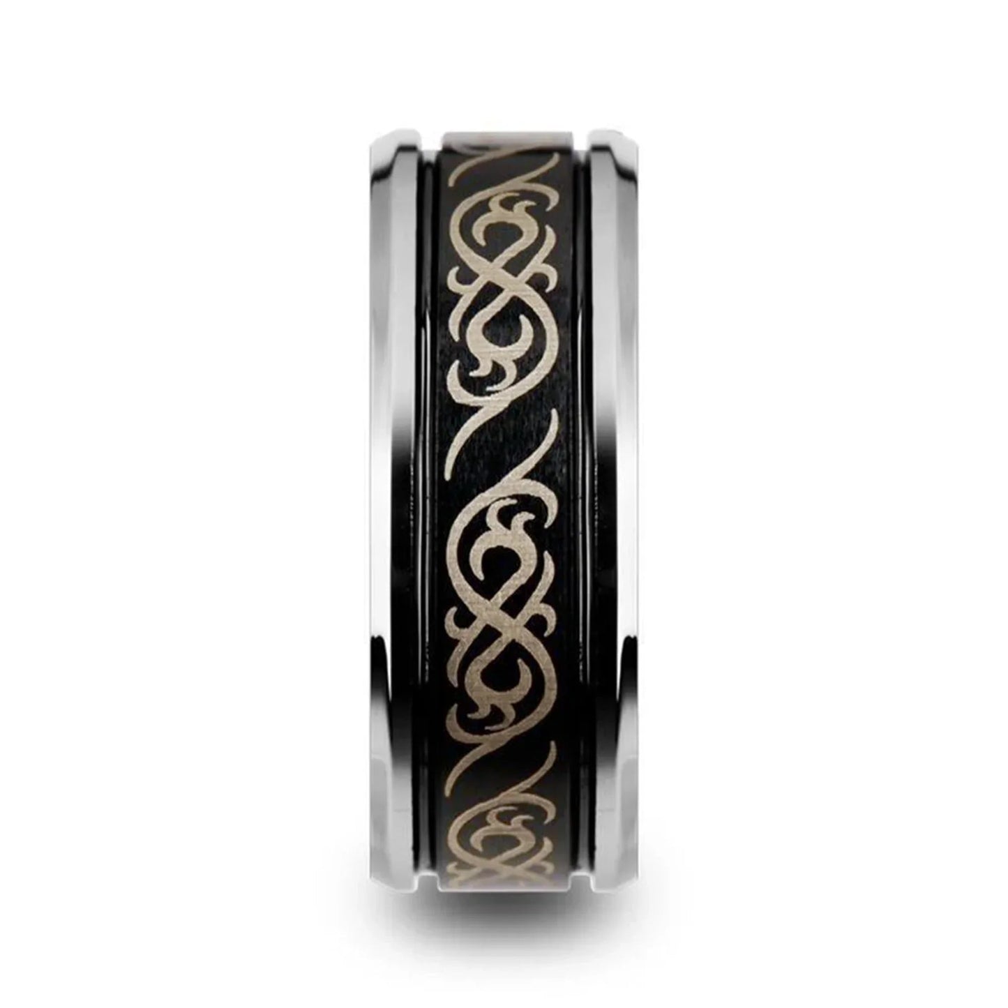RAIZEN Tungsten Carbide Wedding Ring with Dual Offset Grooves and Laser Engraved Celtic Pattern Polished and Beveled Edges - 8mm