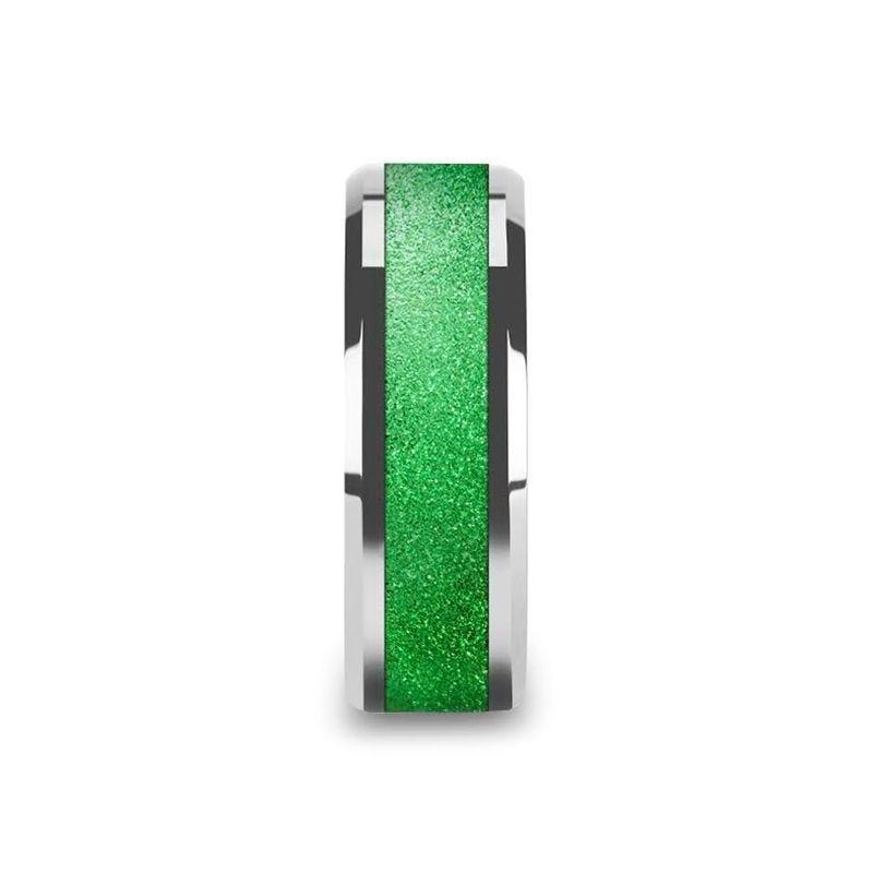 LAWRENCE Tungsten Carbide Bevel Edged Men’s Ring with Sparkling Green Inlay - 8mm