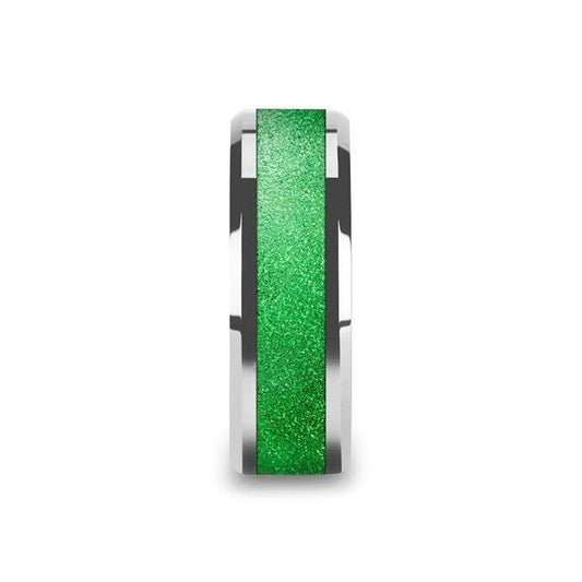 LAWRENCE Tungsten Carbide Bevel Edged Men’s Ring with Sparkling Green Inlay - 8mm