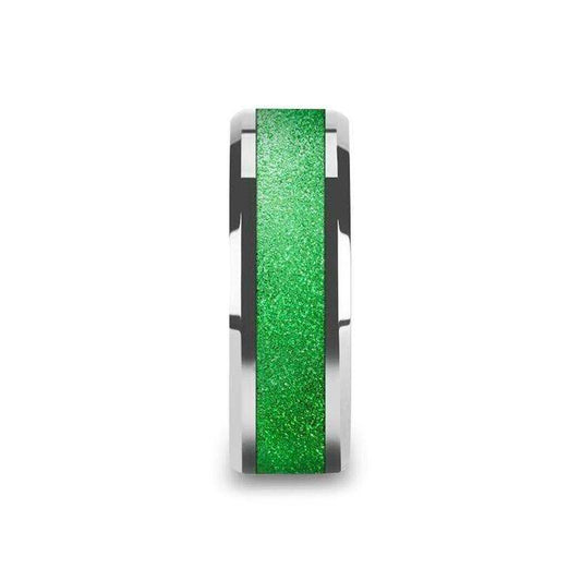 LAWRENCE Tungsten Carbide Bevel Edged Men’s Ring with Sparkling Green Inlay - 8mm