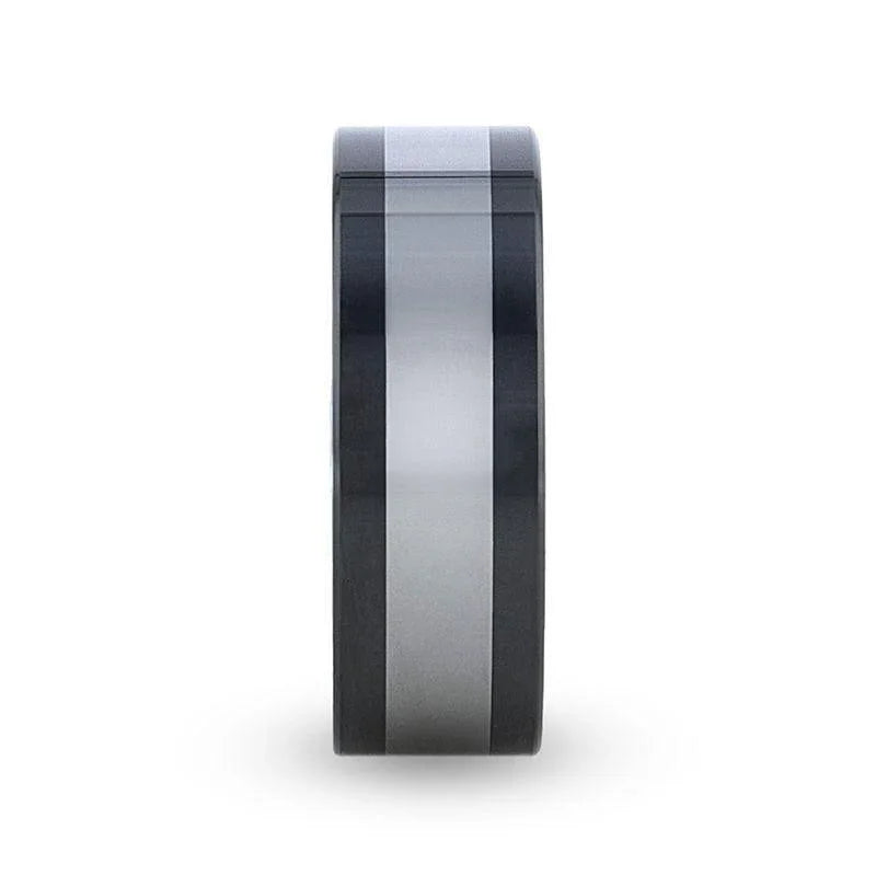HUSKEY Ceramic Band with Tungsten Inlay and Flat Polished Edges - 8mm