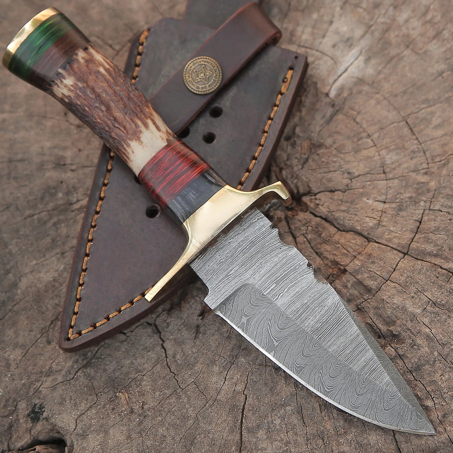 Custom Hand Forged Damascus Steel Hunting Brass Guard Knife& Stag Handle WH 57