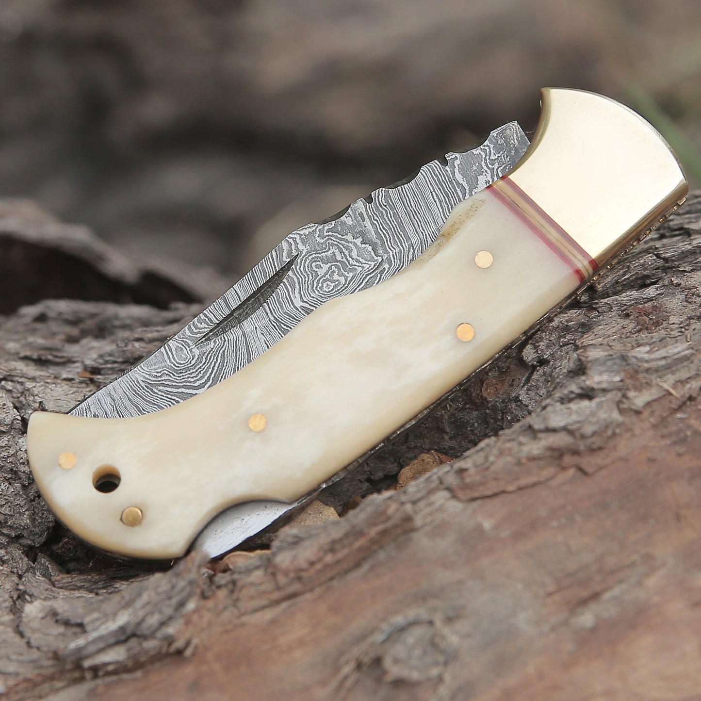 Custom Hand Forged Damascus Folding Knife Engraved Brass Bolster With Bone Handle WH 1554