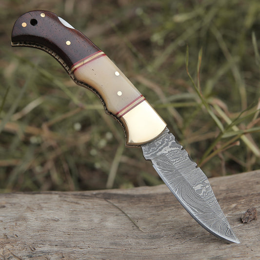 Custom Hand Forged Damascus Steel Folding Knife W/ Rose Wood & Bone Handle WH 1280