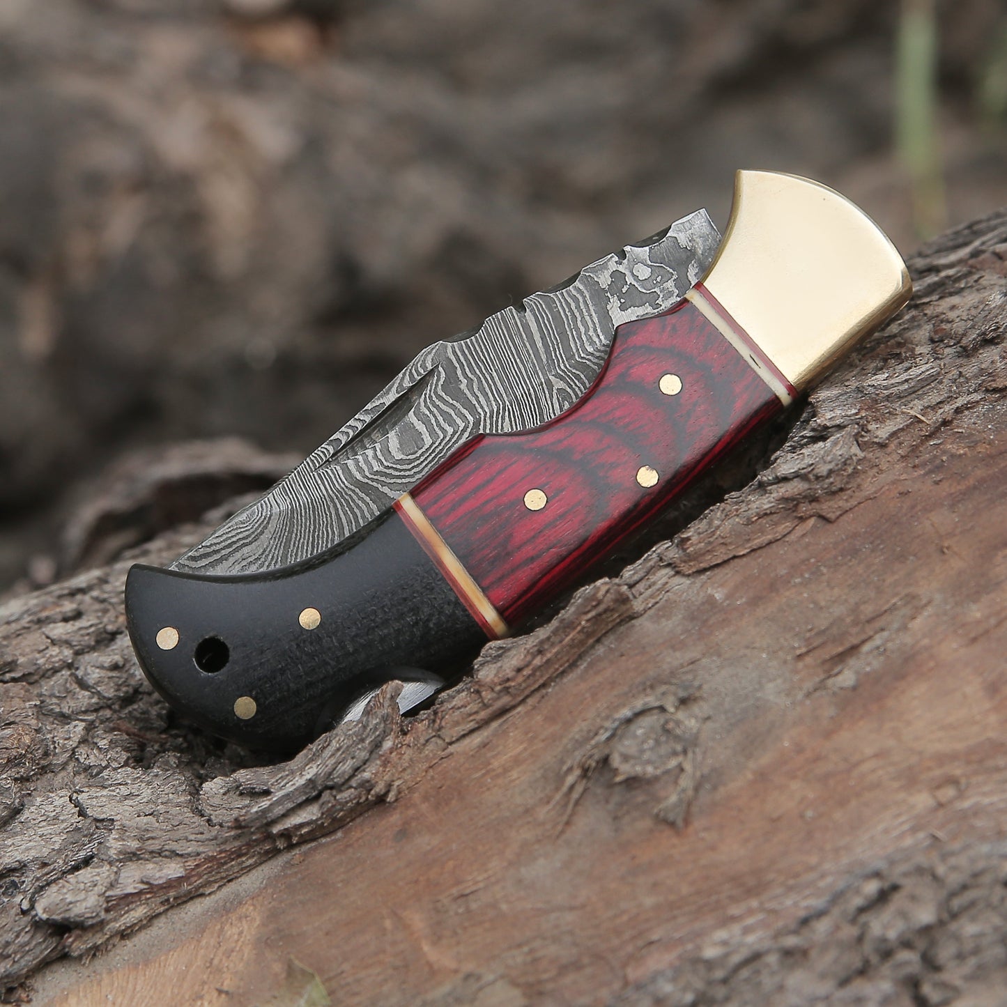 Custom Hand Made Damascus Steel Hunting Folding Knife With Brass Bolster & Bull Horn Wood Handle WH 3506