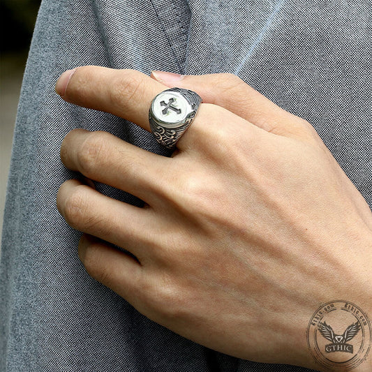 Wave Pattern Budded Cross Stainless Steel Ring