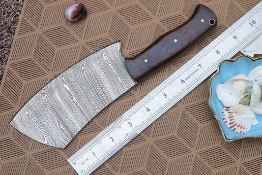 10" Handmade Damascus Cleaver Knife with Leather Sheath