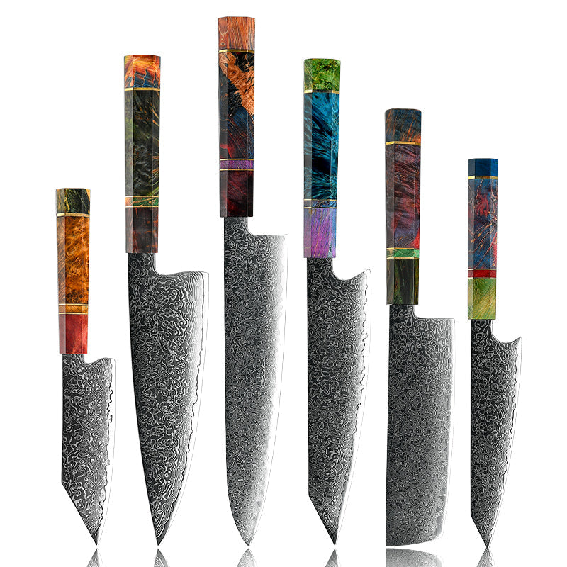 Spectrum Knife Set 6 Piece VG10 Damascus Steel with Exotic tie-dye-Stained Olive Burl Wood Handle