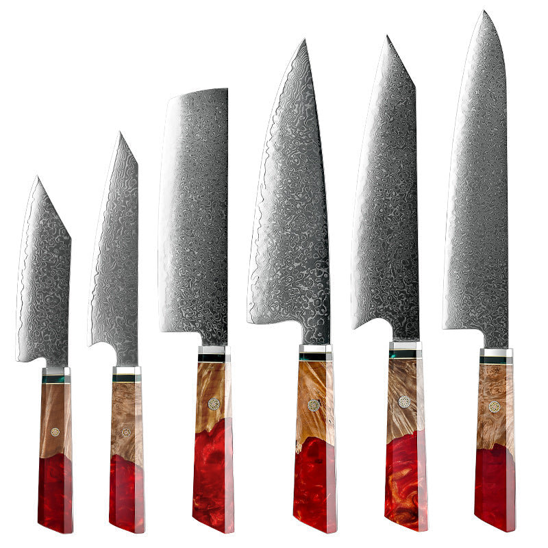 Fury Knife Set 6 Piece VG10 Damascus Steel with Exotic Maple Burl Wood & Resin Handle