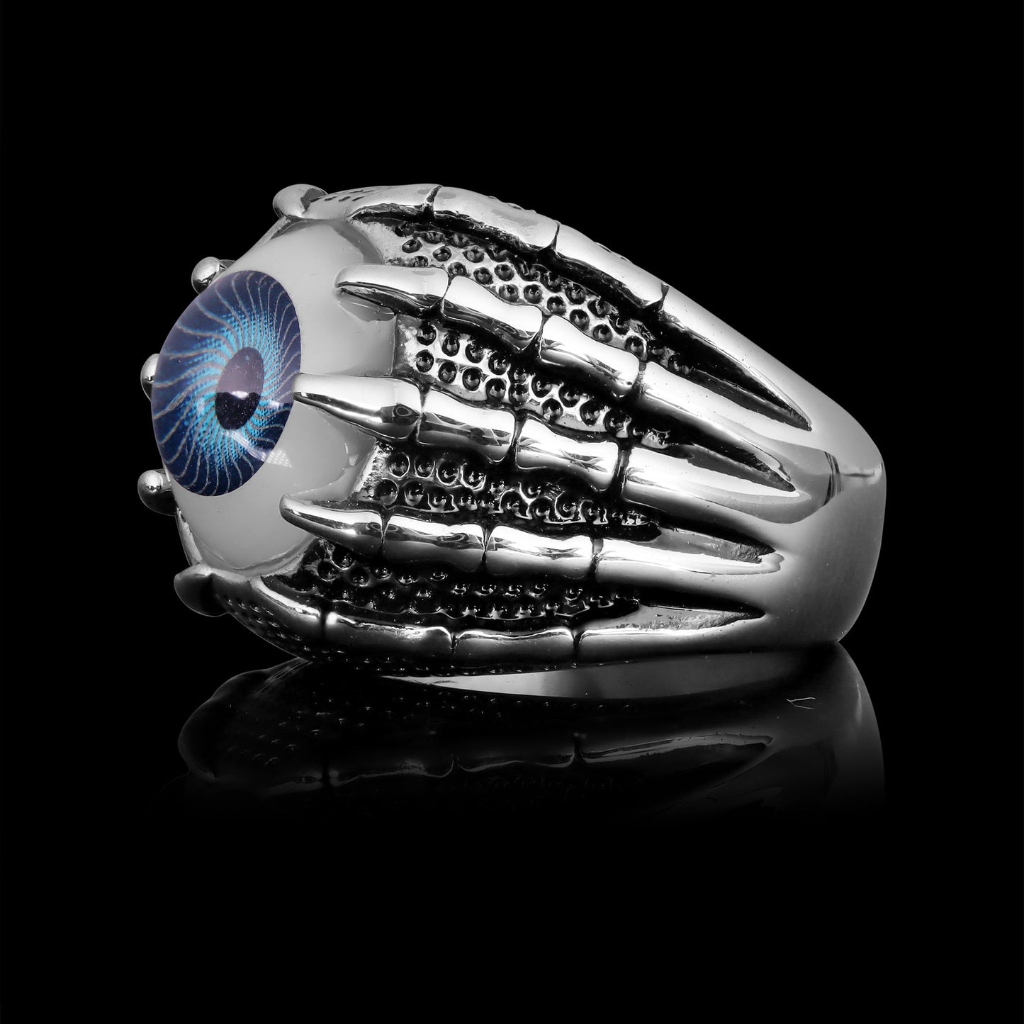 Stainless Steel Skeleton Hands Holding Blue Eyeball Ring