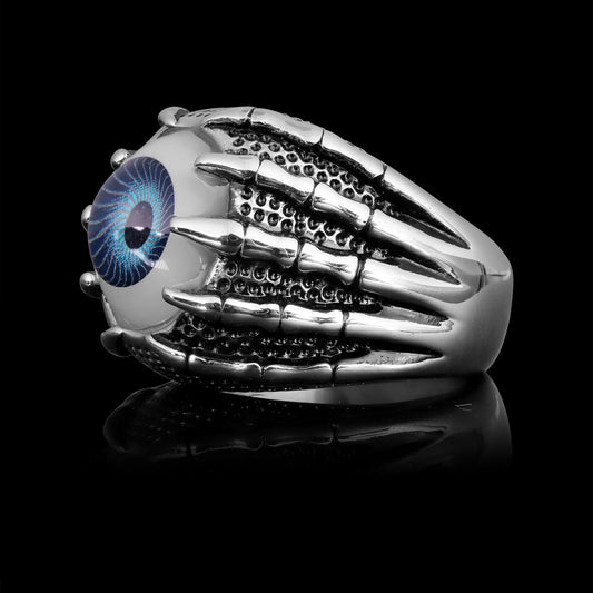 Stainless Steel Skeleton Hands Holding Blue Eyeball Ring