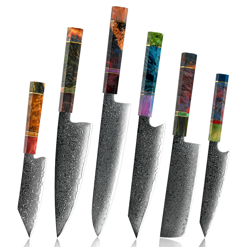 Spectrum Knife Set 6 Piece VG10 Damascus Steel with Exotic tie-dye-Stained Olive Burl Wood Handle