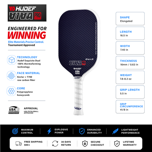 Hudef Viva Pro™ Gen3 Elongated Pickleball Paddle (Kevlar)