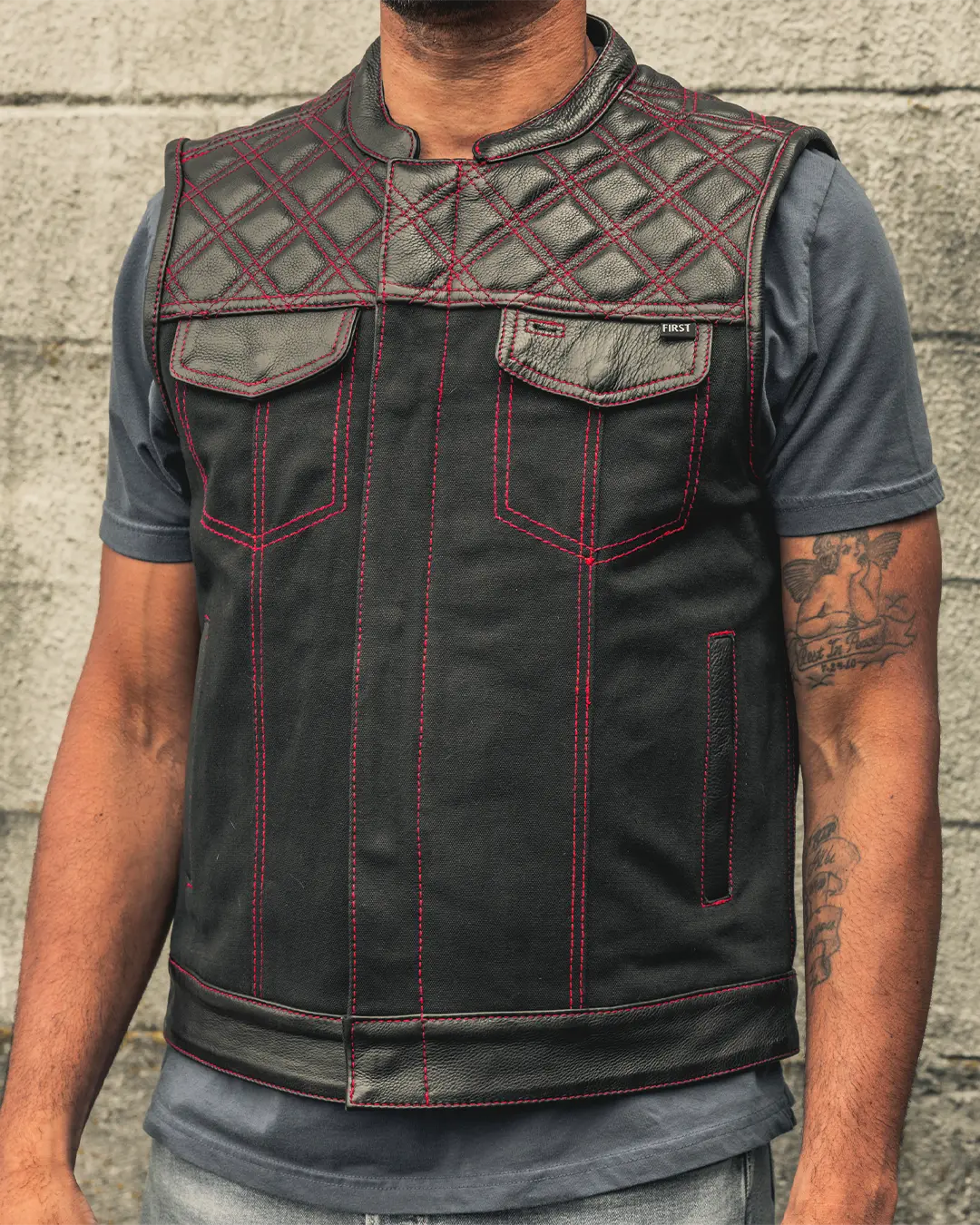 Hunt Club Motorcycle Leather Canvas Vest Black/Red
