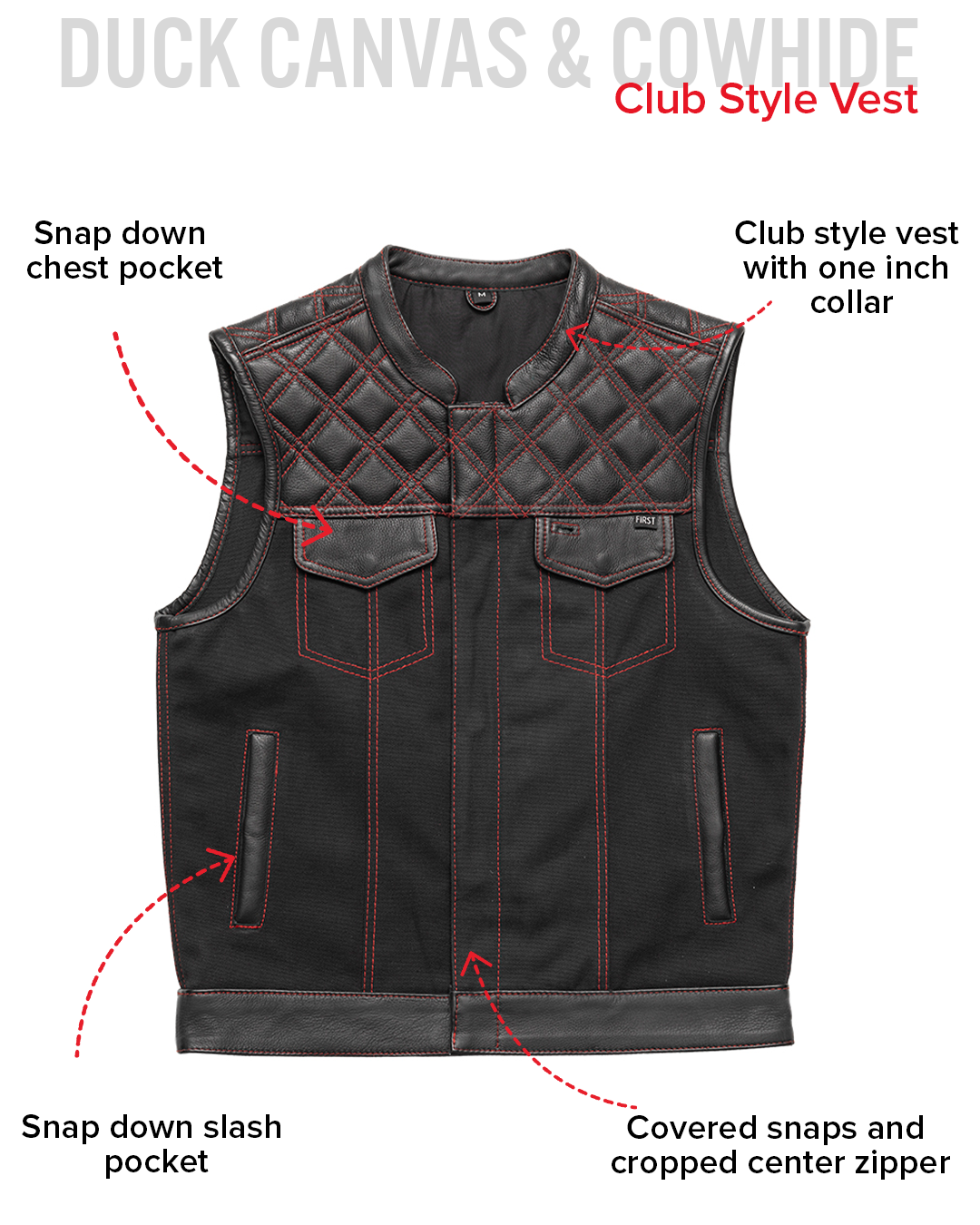 Hunt Club Motorcycle Leather Canvas Vest Black/Red