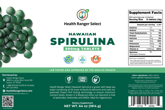 Hawaiian Spirulina Cold Pressed 500mg Tablets (64oz, 1814g), approximately 3628 tablets (#10 Can)