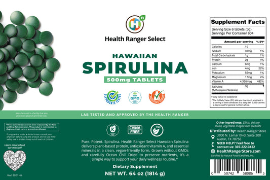 Hawaiian Spirulina Cold Pressed 500mg Tablets (64oz, 1814g), approximately 3628 tablets (#10 Can)