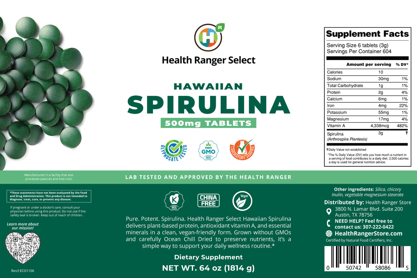 Hawaiian Spirulina Cold Pressed 500mg Tablets (64oz, 1814g), approximately 3628 tablets  (#10 Can)
