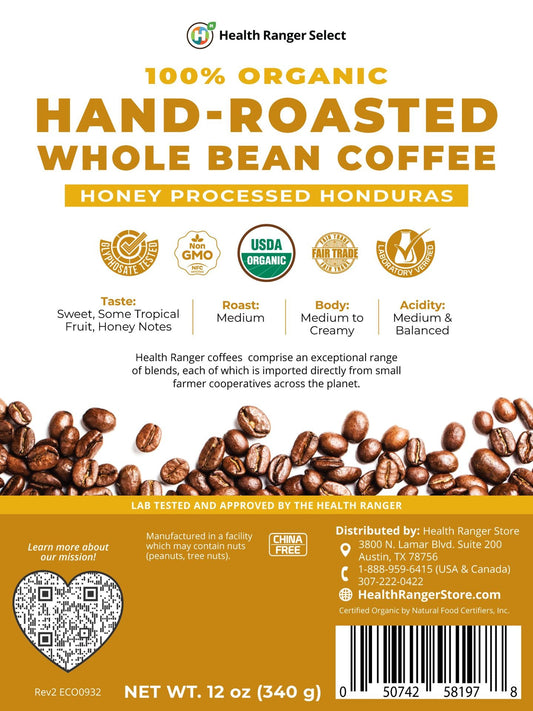 100% Organic Hand-Roasted Whole Bean Coffee (Honey Processed Honduras) 12oz, 340g
