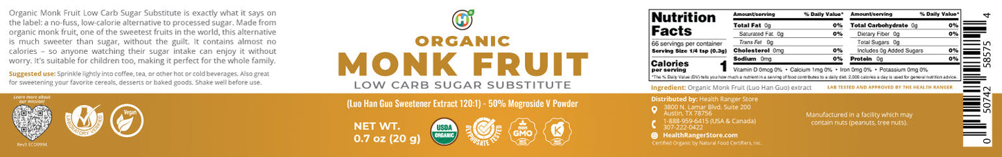 Organic Monk Fruit Extract Powder - Low Carb Sugar Substitute 0.7oz (20g)