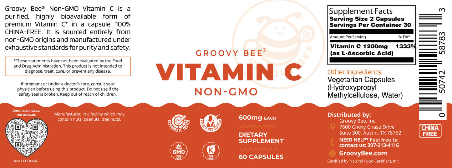 Non-GMO Vitamin C 60 caps (600mg each)