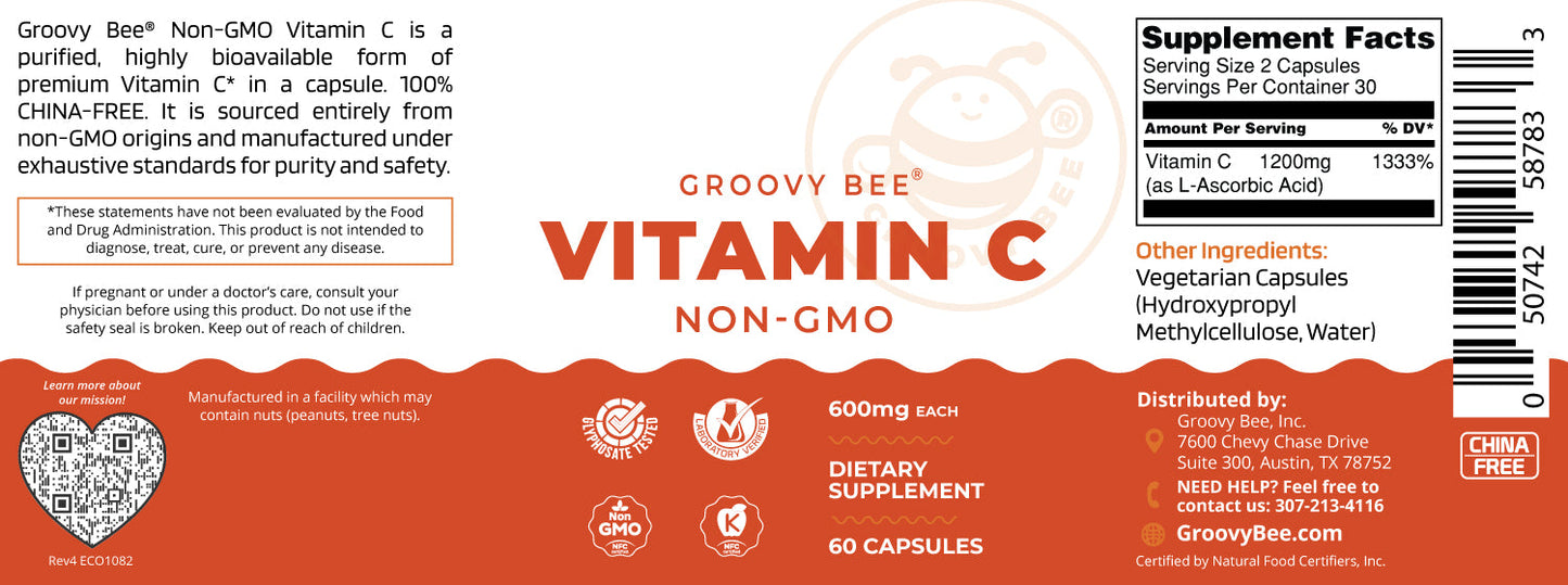Non-GMO Vitamin C 60 caps (600mg each)