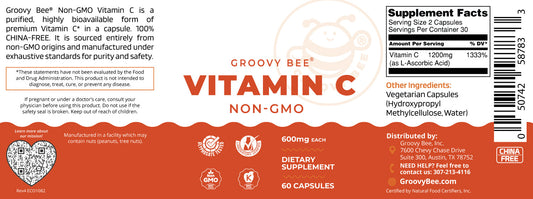 Non-GMO Vitamin C 60 caps (600mg each)