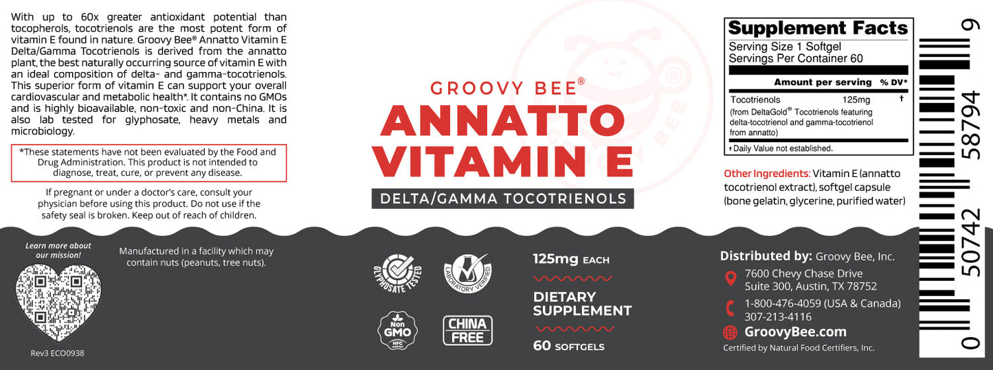 Annatto Vitamin E Delta/Gamma Tocotrienols 125mg 60 Softgels
