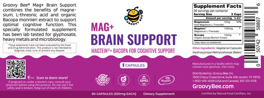 Mag+ Brain Boost Nootropic (Magtein + Bacopa for Cognitive Performance) 60 Capsules (550mg Each)