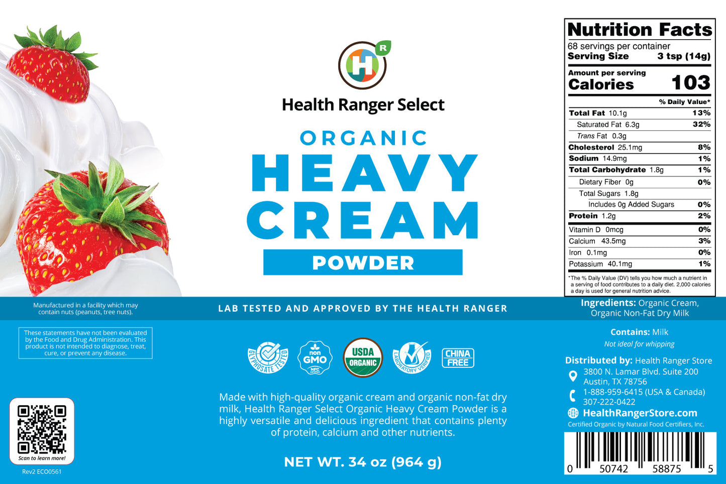 Organic Heavy Cream Powder (34oz, #10 Can) (2-Pack)