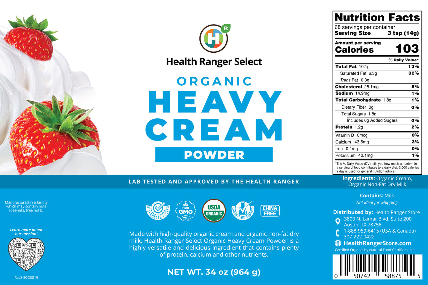 Organic Heavy Cream Powder (34oz, #10 Can) (2-Pack)